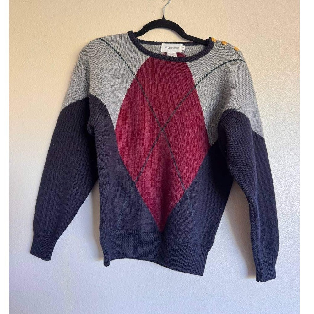Vintage JH Collectibles 100% Wool Argyle Sweater S Burgundy Navy Grandma Preppy